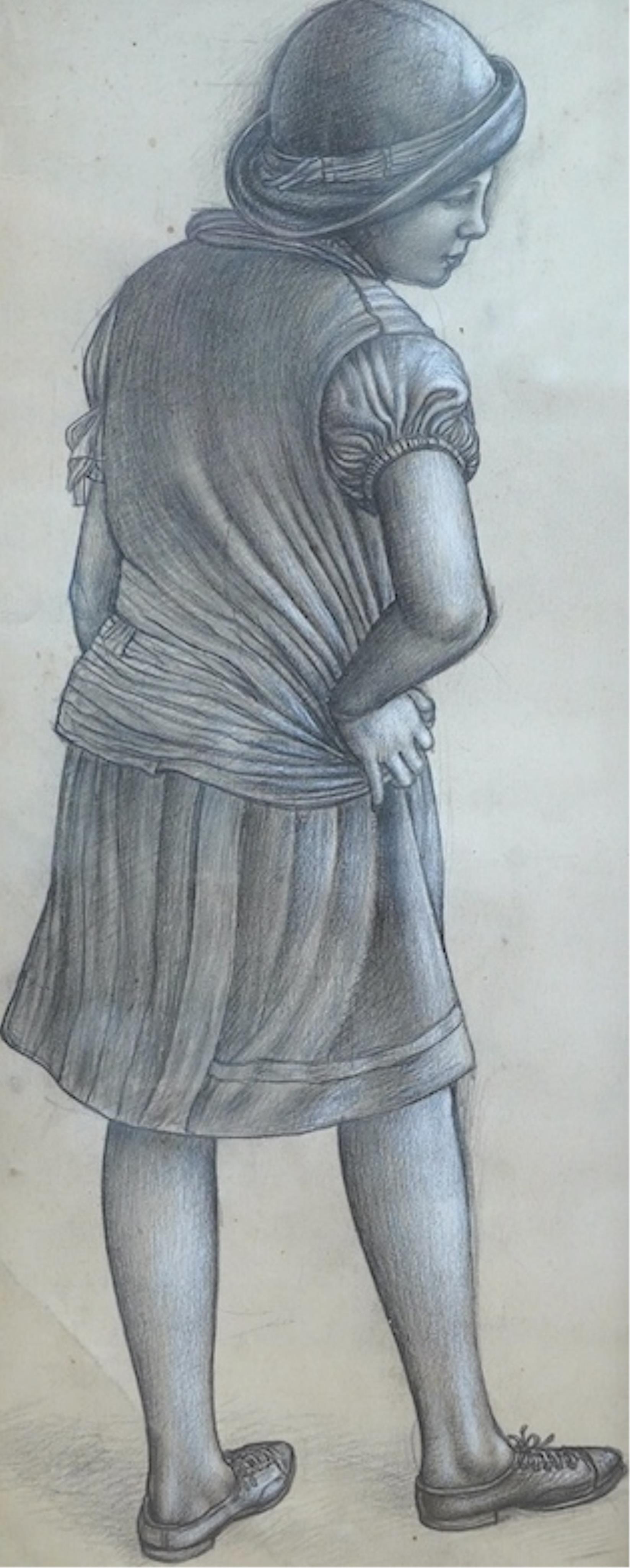 Stanley Lewis (1905-2009), pencil, ‘Study for Hyde Park in Summer - Standing girl, 1931’, with World of Interiors leaflet, Bedford Museum leaflet, Liss Fine Art, etc., 45 x 18cm. Condition - fair